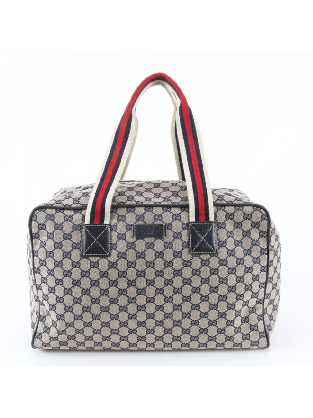 Gucci GG Canvas Leather Boston Bag Tote Carry Navy